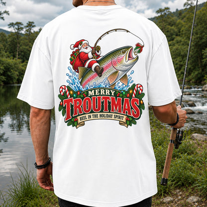 Merry Troutmas Reel in the Holiday Spirit Santa Riding Rainbow Trout Christmas Fishing T-Shirt | Back Print