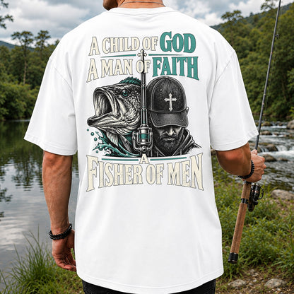 A Child of God A Man of Faith A Fisher of Men Bass Fishing T-Shirt | Back Print