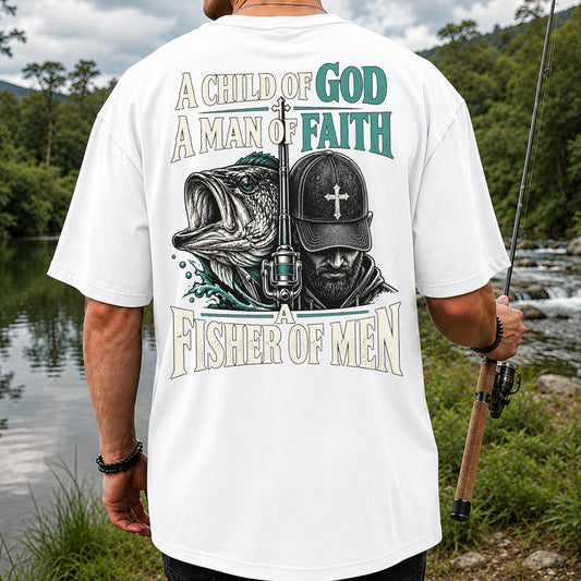 A Child of God A Man of Faith A Fisher of Men Bass Fishing T-Shirt | Back Print