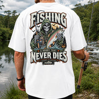 Fishing A Hobby That Never Dies Skeleton Holding Rainbow Trout Halloween T-Shirt | Back Print