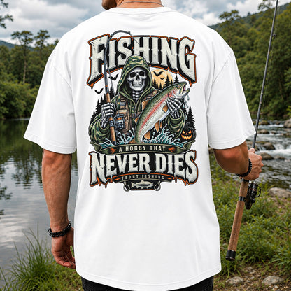 Fishing A Hobby That Never Dies Skeleton Holding Rainbow Trout Halloween T-Shirt | Back Print