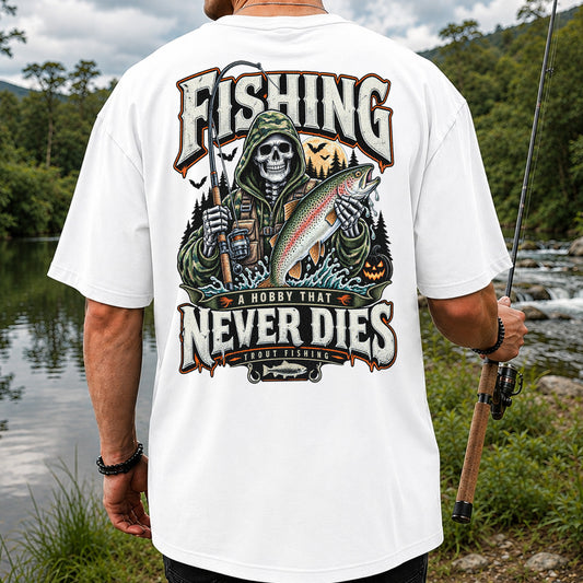 Fishing A Hobby That Never Dies Skeleton Holding Rainbow Trout Halloween T-Shirt | Back Print