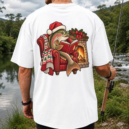 Christmas Trout Reading by the Fireplace Fishing T-Shirt | Back Print