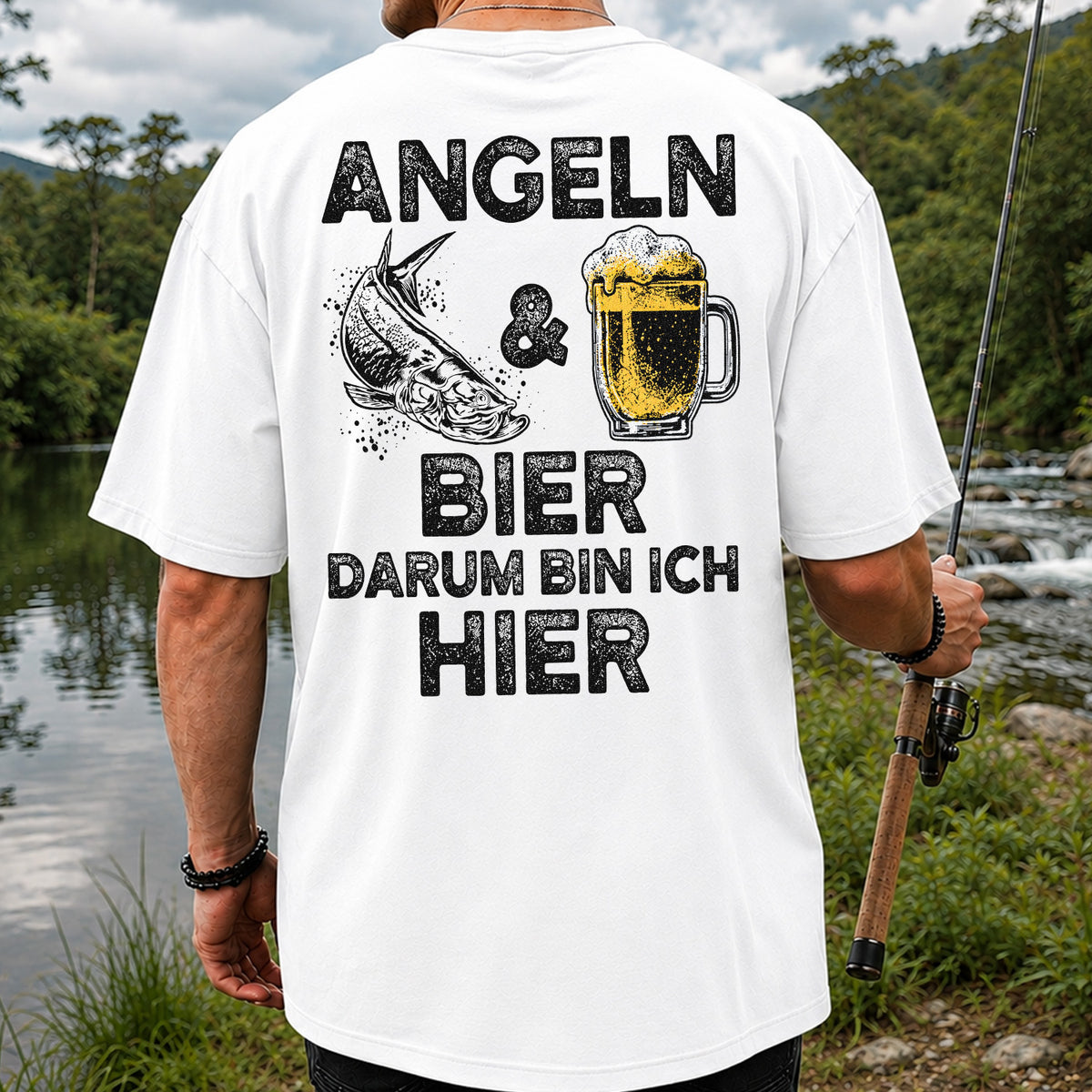 Angeln Und Bier Darum Bin Ich Hier Funny Fishing T-Shirt | Back Print