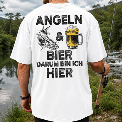 Angeln Und Bier Darum Bin Ich Hier Funny Fishing T-Shirt | Back Print