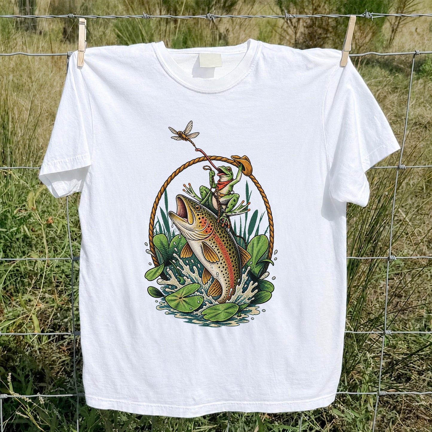Frog Riding a Rainbow Trout Fishing Graphic T-Shirt