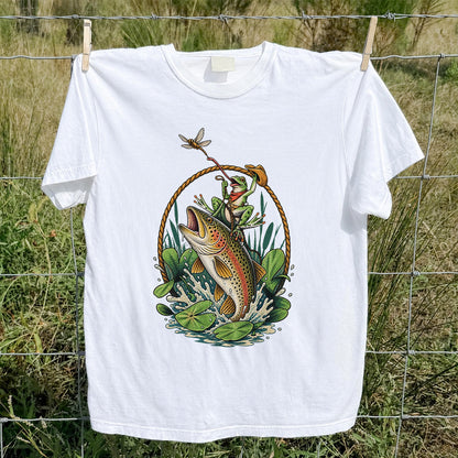 Frog Riding a Rainbow Trout Fishing Graphic T-Shirt