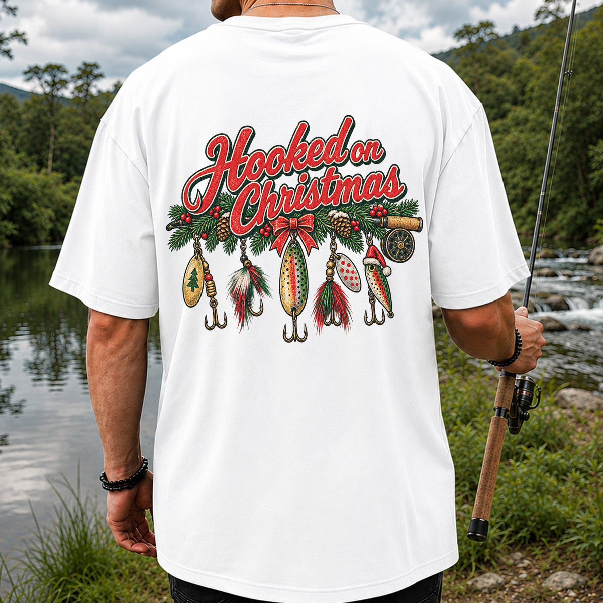 Hooked on Christmas Fishing Lure Ornaments Graphic T-Shirt | Back Print