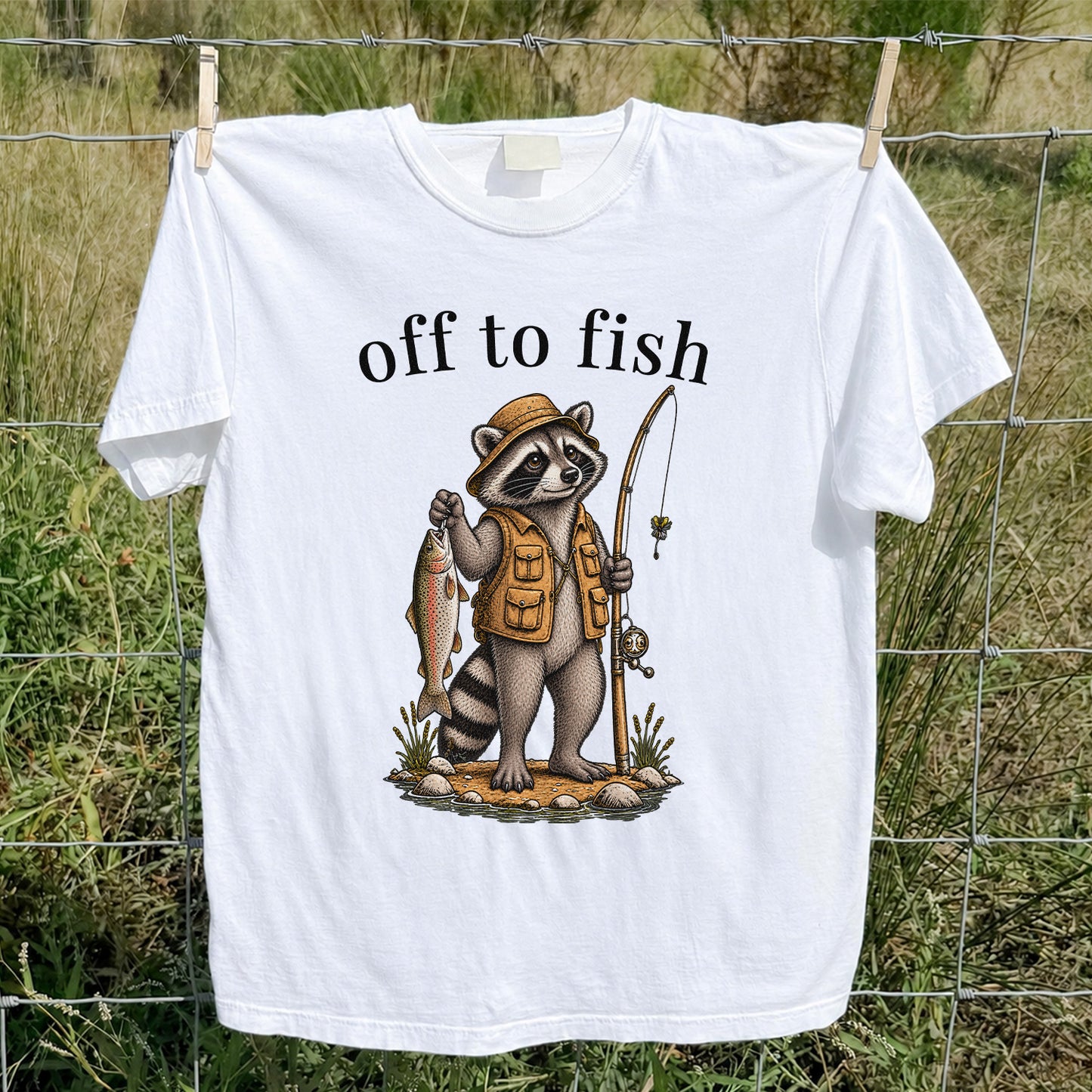 Off to Fish Raccoon Angler Funny Fishing T-Shirt