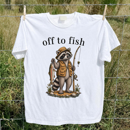 Off to Fish Raccoon Angler Funny Fishing T-Shirt