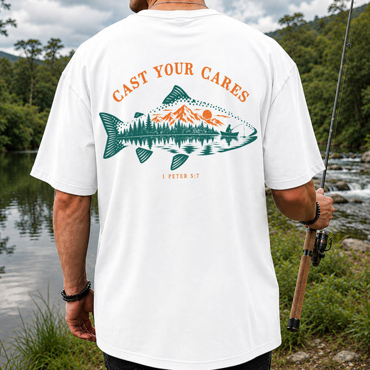 Cast Your Cares 1 Peter 5:7 Fish Silhouette and Mountain Lake Fishing T-Shirt | Back Print