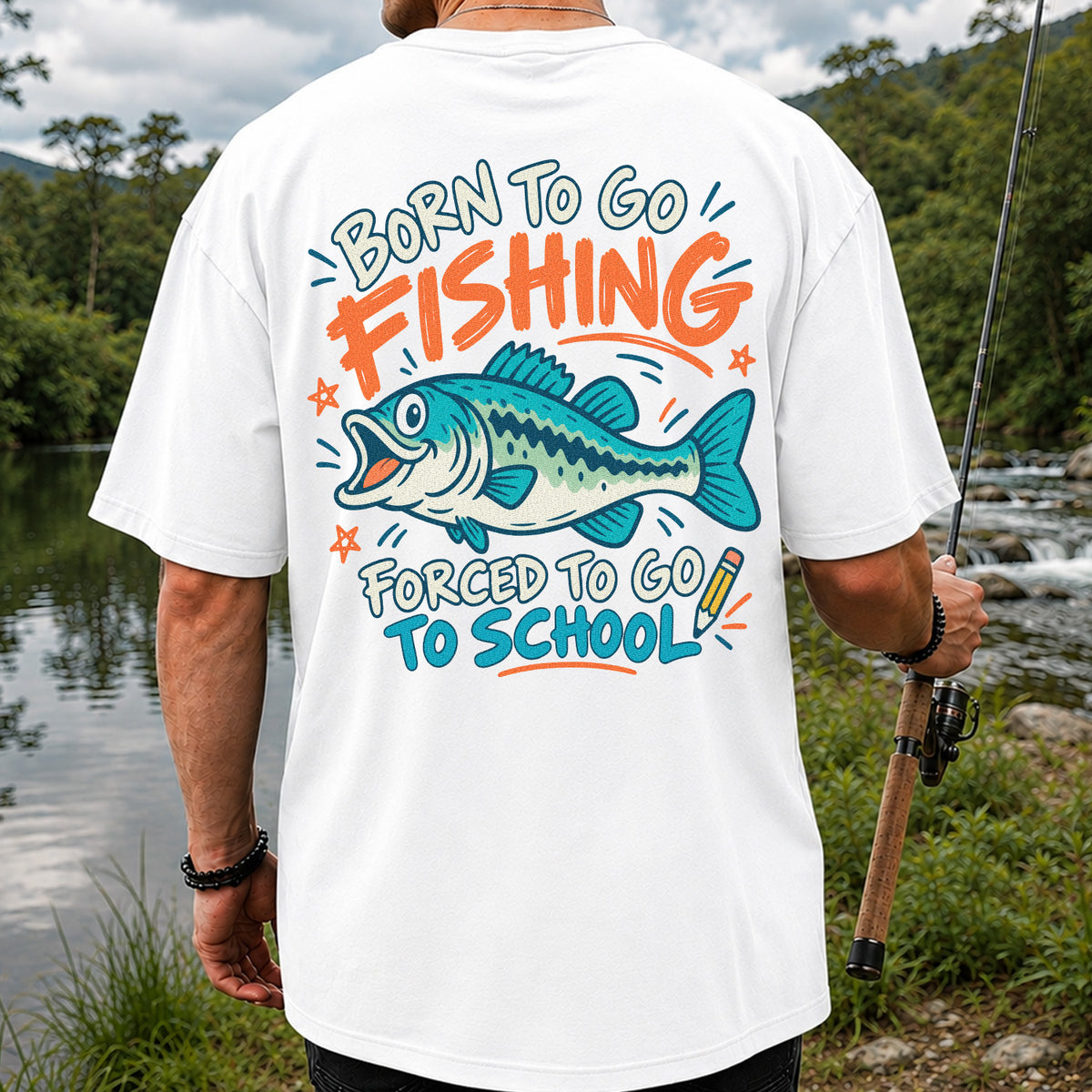Funny Fish Fishing Graphic T-Shirt for Back to School | Back Print
