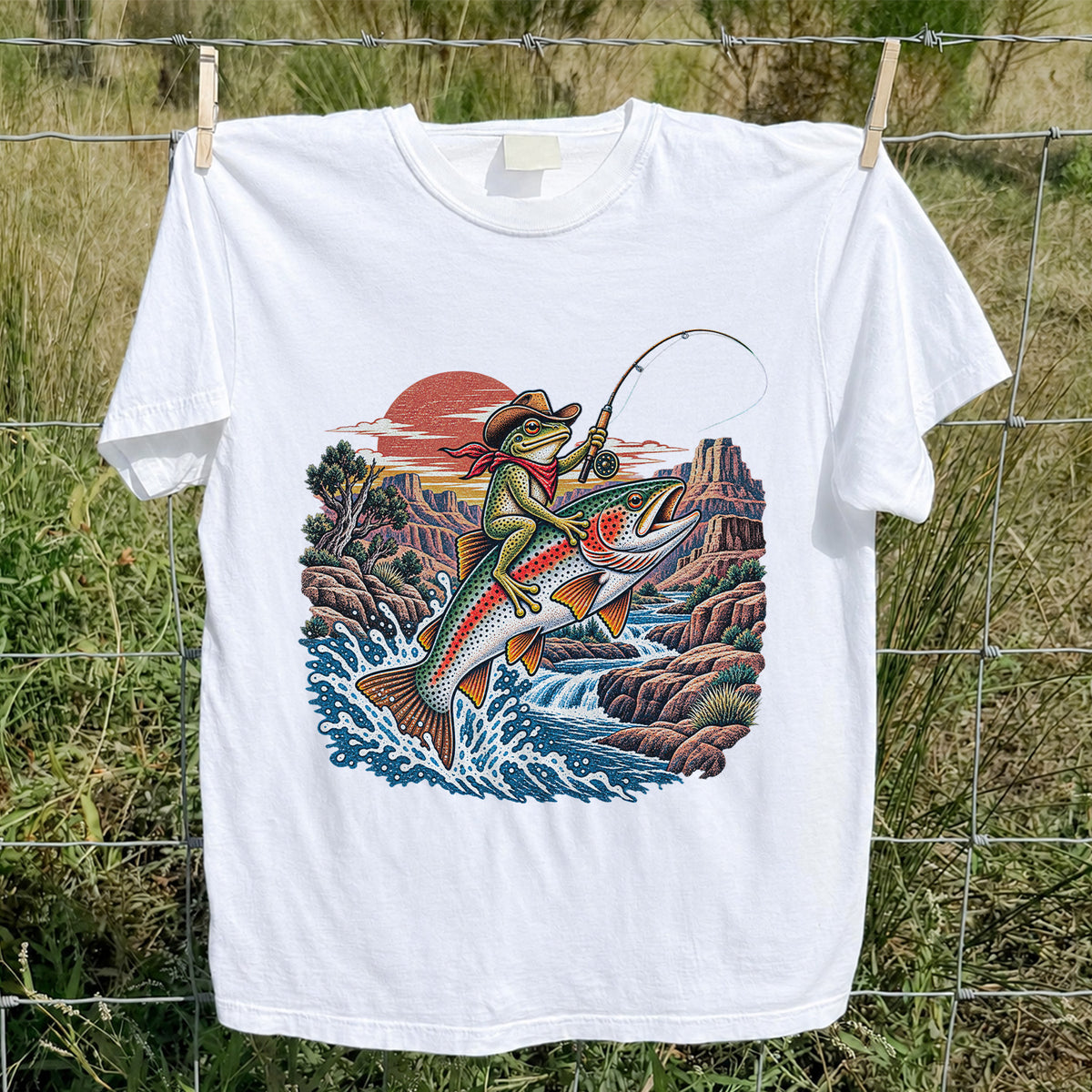 Cowboy Frog Riding a Rainbow Trout Canyon Fishing Graphic T-Shirt