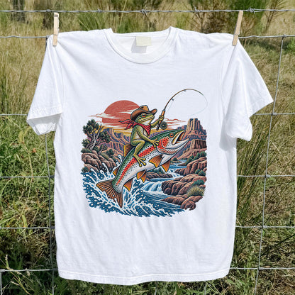 Cowboy Frog Riding a Rainbow Trout Canyon Fishing Graphic T-Shirt