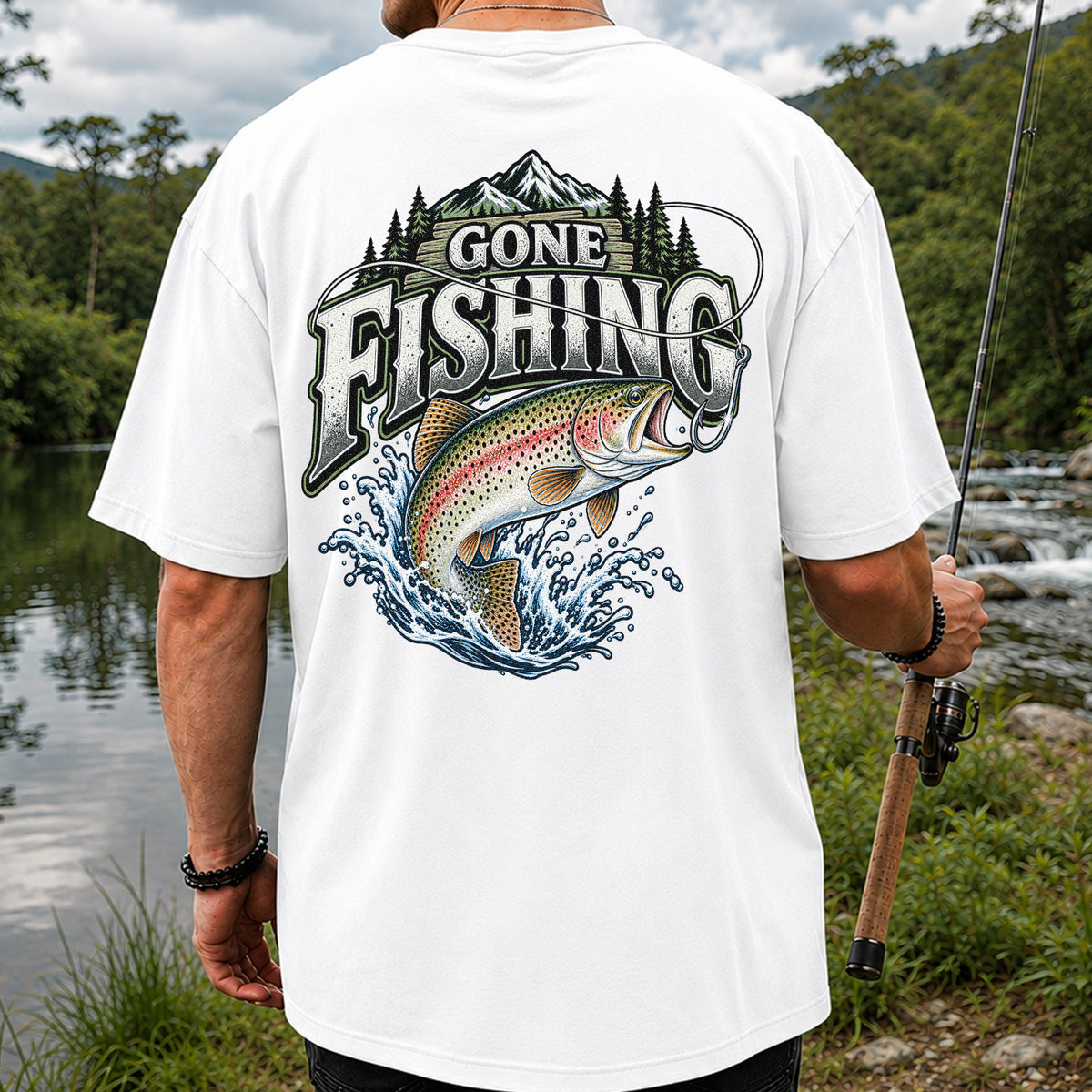 Gone Fishing Rainbow Trout and Mountains Graphic T-Shirt | Back Print