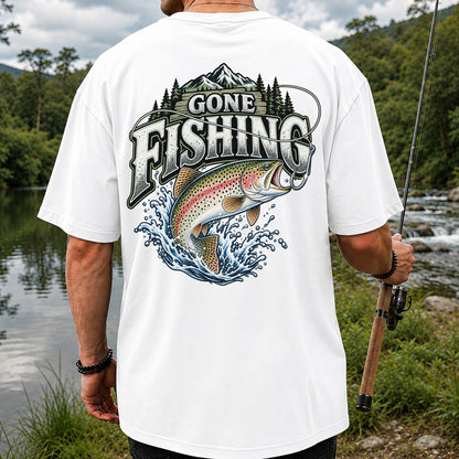 Gone Fishing Rainbow Trout and Mountains Graphic T-Shirt | Back Print