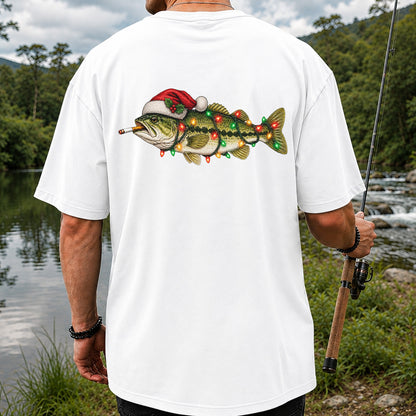 Christmas Bass Fishing Lights and Santa Hat Graphic T-Shirt | Back Print