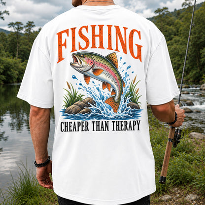 Fishing Cheaper Than Therapy Rainbow Trout Funny T-Shirt | Back Print