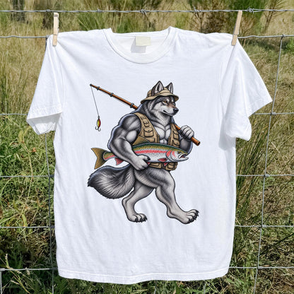 Wolf Angler Holding Rainbow Trout Fishing Graphic T-Shirt