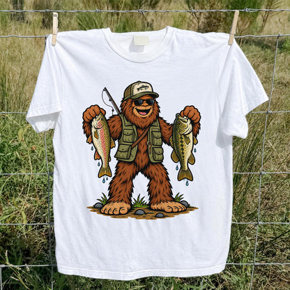 Bigfoot Holding Rainbow Trout and Bass Fishing Graphic T-Shirt