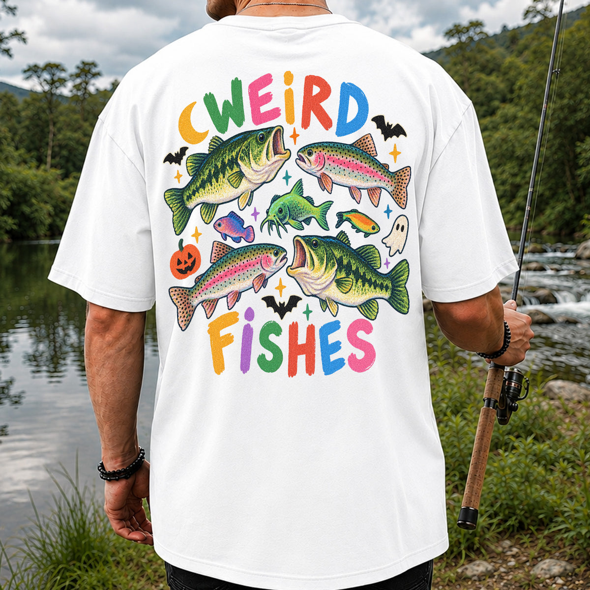 Weird Fishes Halloween Bass and Rainbow Trout Fishing T-Shirt | Back Print