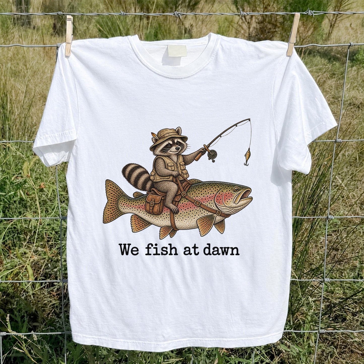 We Fish at Dawn Raccoon Riding a Rainbow Trout Fishing T-Shirt