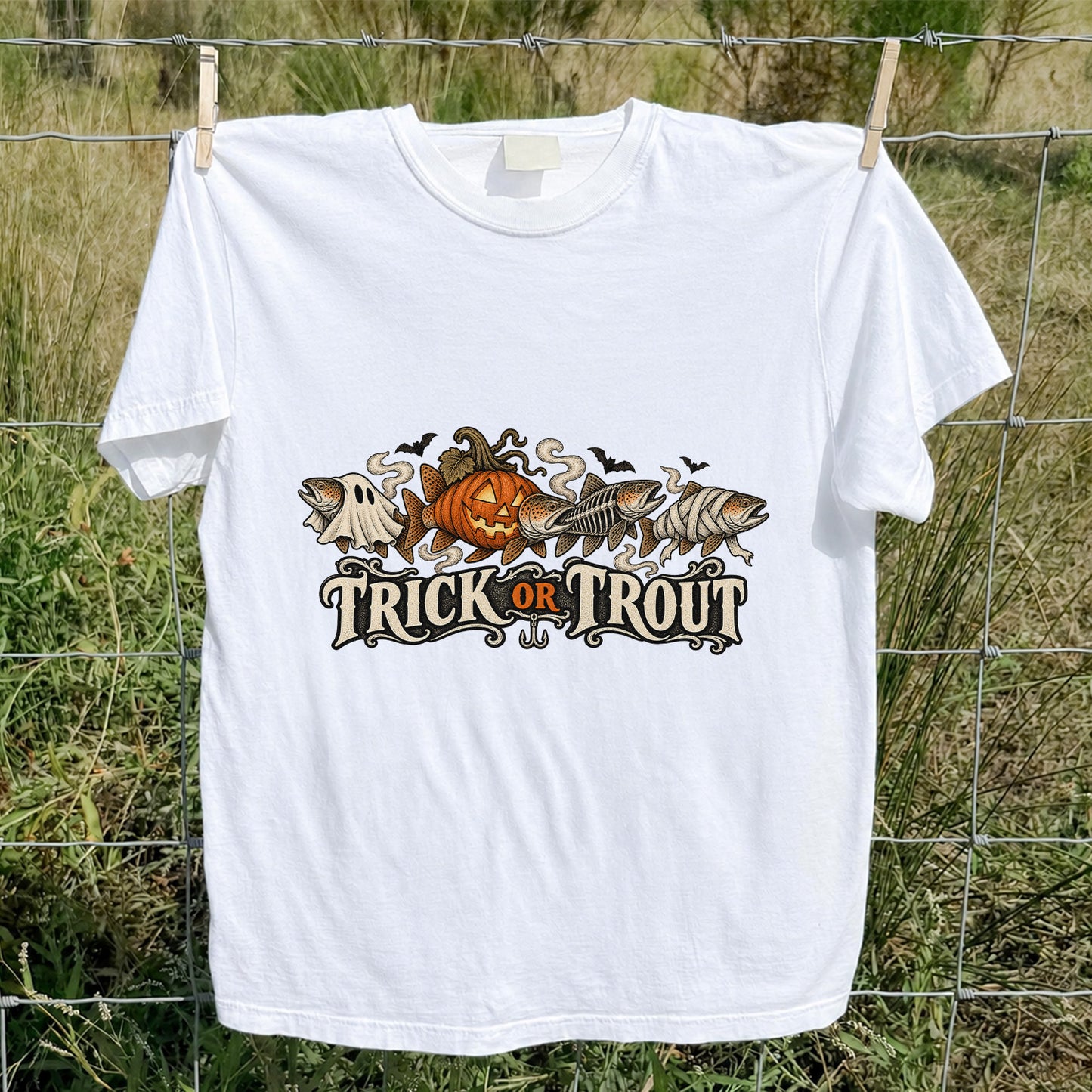 Trick or Trout Halloween Fish Lineup Fishing T-Shirt
