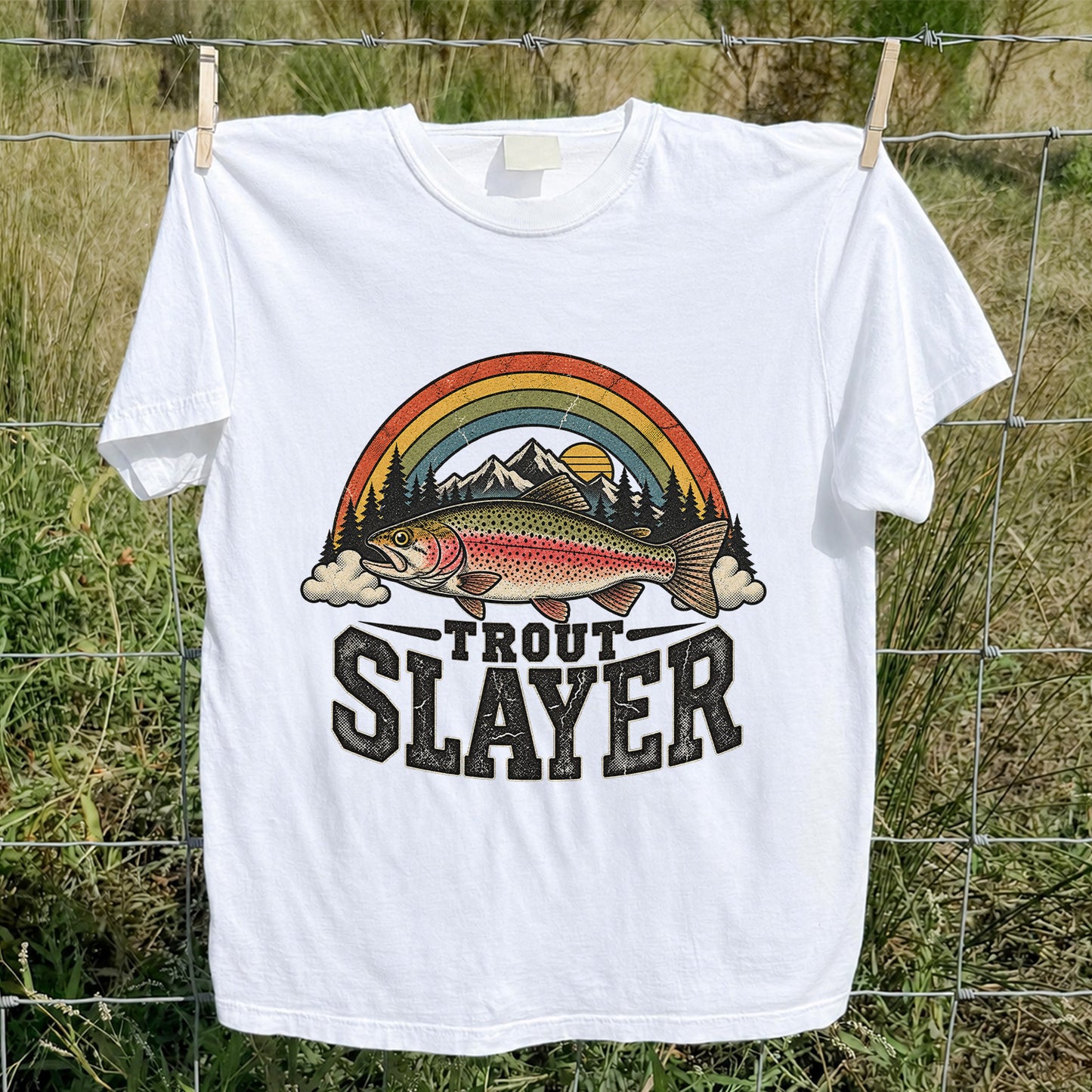 Trout Slayer Rainbow Trout Mountain Sunset Fishing T-Shirt