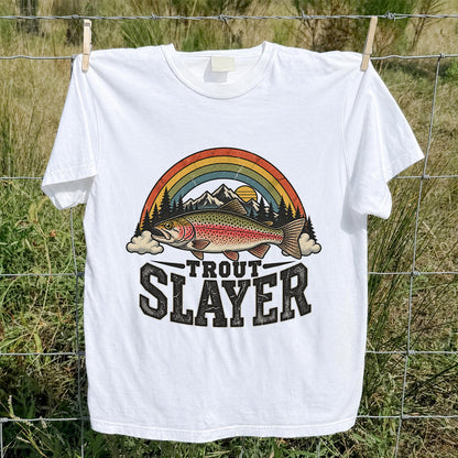 Trout Slayer Rainbow Trout Mountain Sunset Fishing T-Shirt