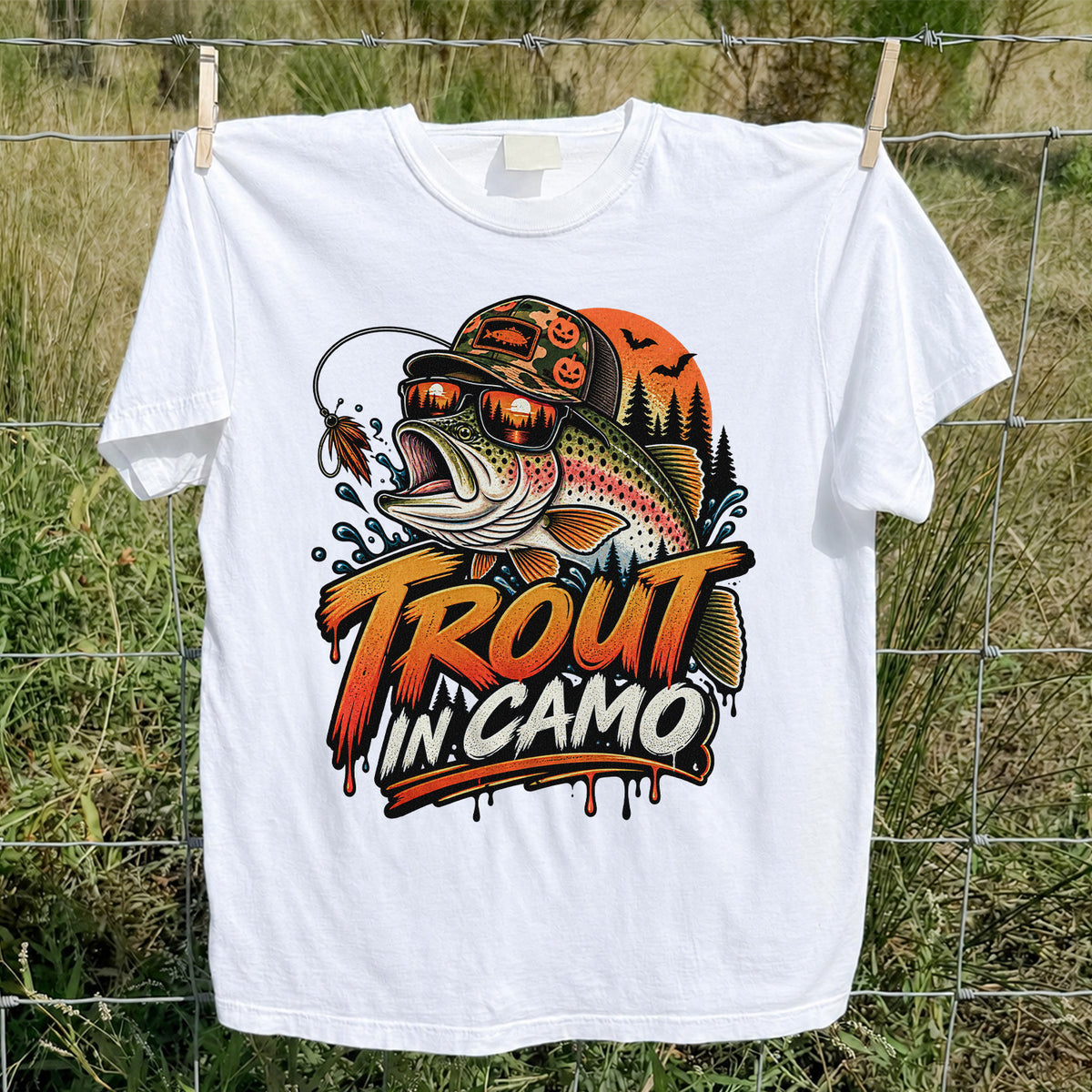 Trout in Camo Halloween Rainbow Trout Fishing Graphic T-Shirt