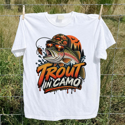 Trout in Camo Halloween Rainbow Trout Fishing Graphic T-Shirt