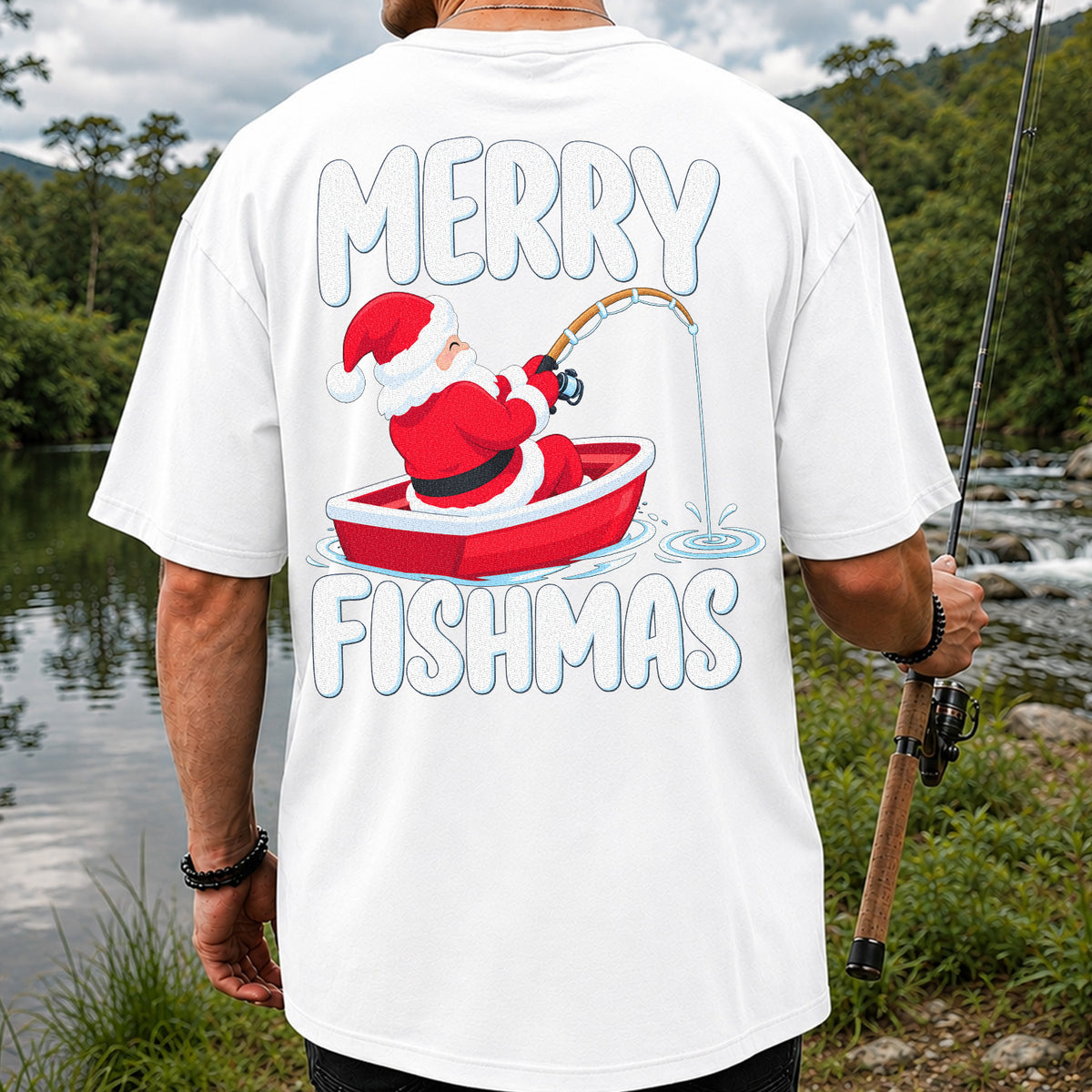 Santa Claus Boat Fishing Christmas Graphic T-Shirt | Back Print