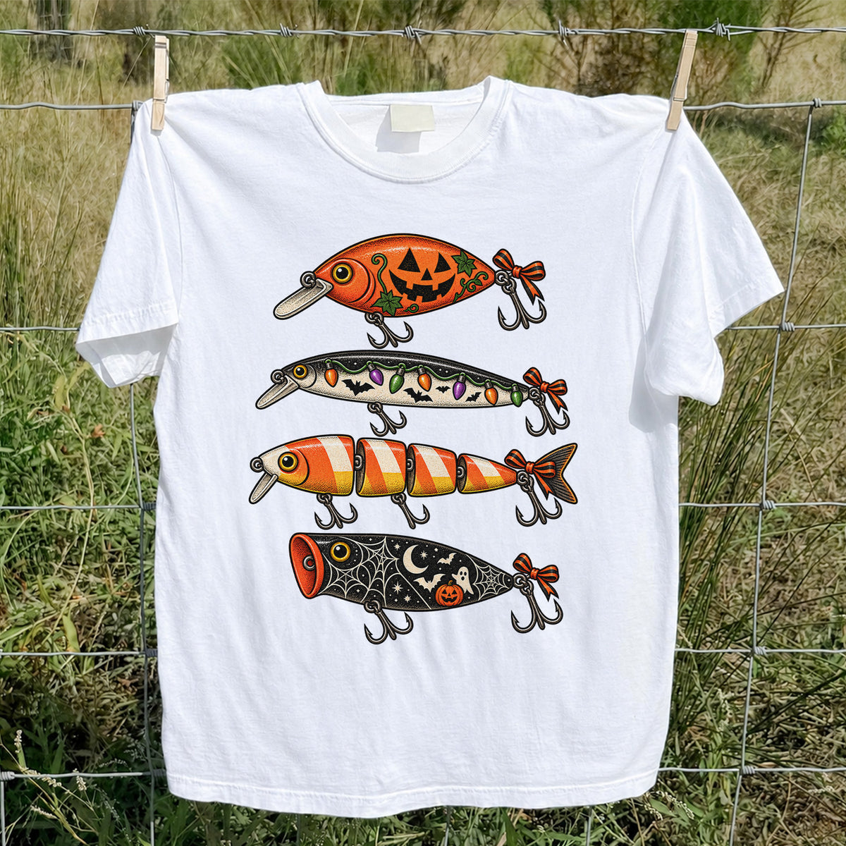 Halloween Fishing Lures with Pumpkin, Ghost and Candy Corn Graphic T-Shirt