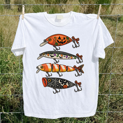 Halloween Fishing Lures with Pumpkin, Ghost and Candy Corn Graphic T-Shirt