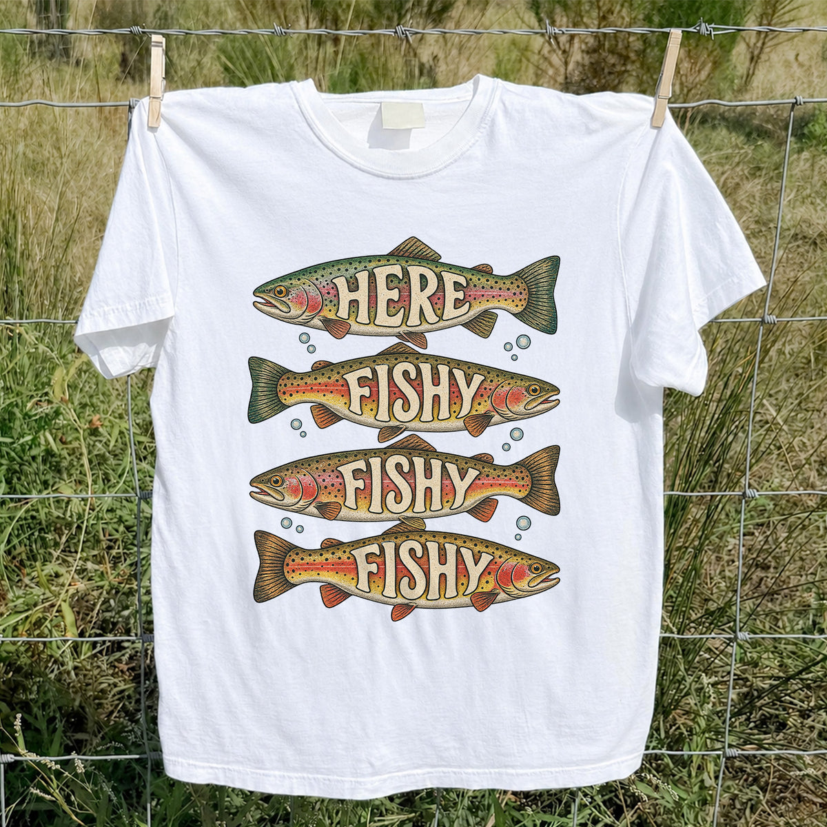 Here Fishy Fishy Fishy Rainbow Trout Fishing Graphic T-Shirt