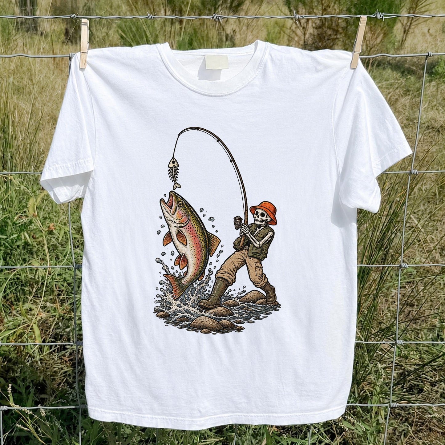 Skeleton Angler Catching Trout Dark Humor Fishing T-Shirt
