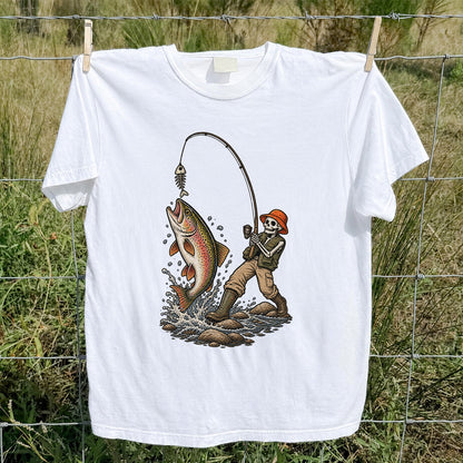 Skeleton Angler Catching Trout Dark Humor Fishing T-Shirt