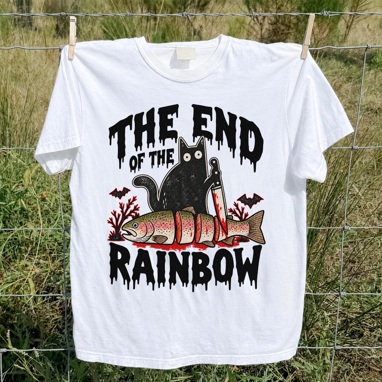 The End of the Rainbow Black Cat and Rainbow Trout Halloween Fishing T-Shirt