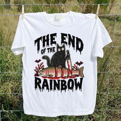 The End of the Rainbow Black Cat and Rainbow Trout Halloween Fishing T-Shirt