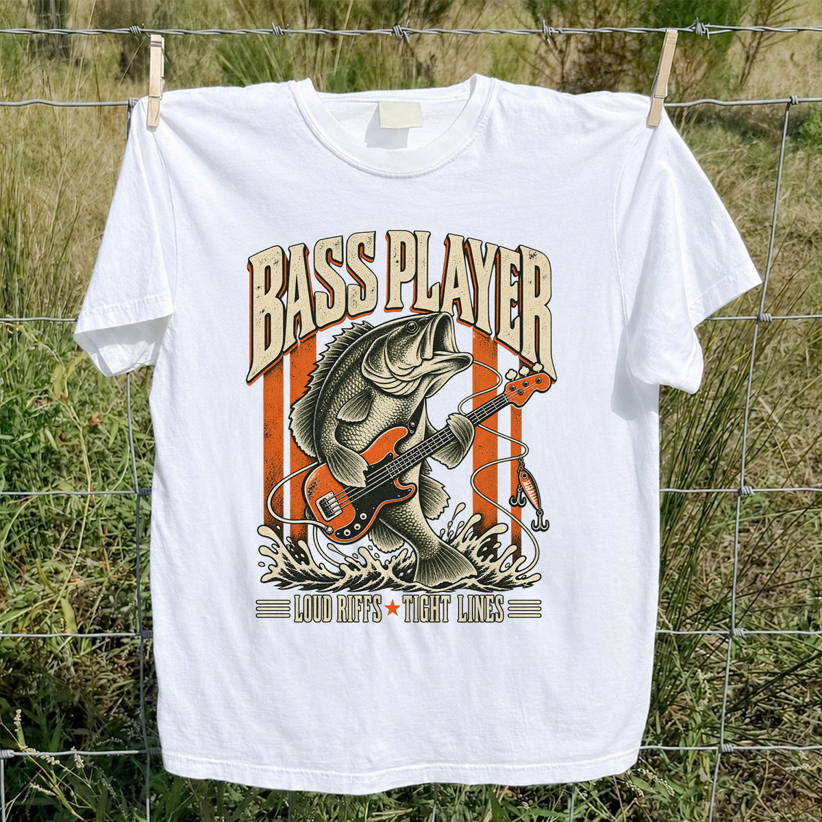 Bass Playing Guitar Vintage Fishing Graphic T-Shirt
