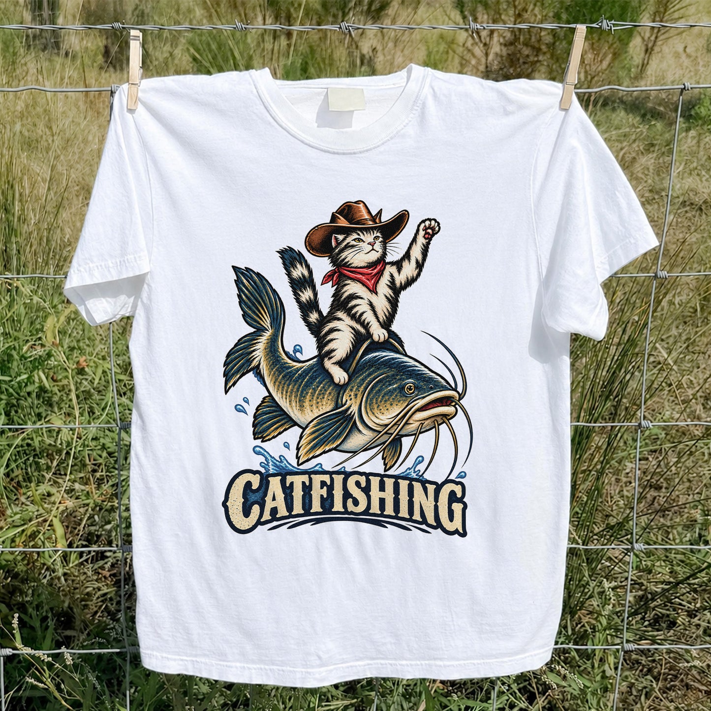 Catfishing Cowboy Cat Riding a Catfish Graphic T-Shirt