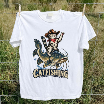 Catfishing Cowboy Cat Riding a Catfish Graphic T-Shirt