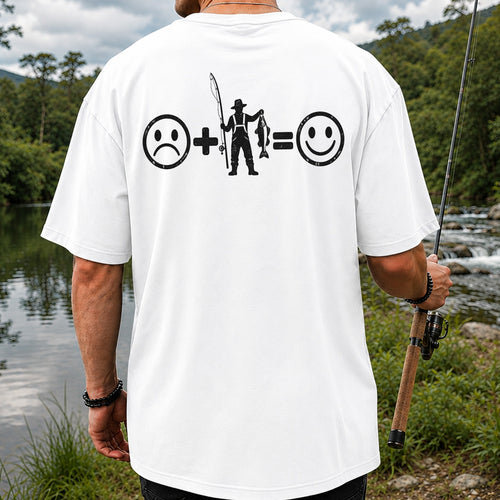 Fishing Turns Sad Face Into Happy Face Graphic T-Shirt | Back Print