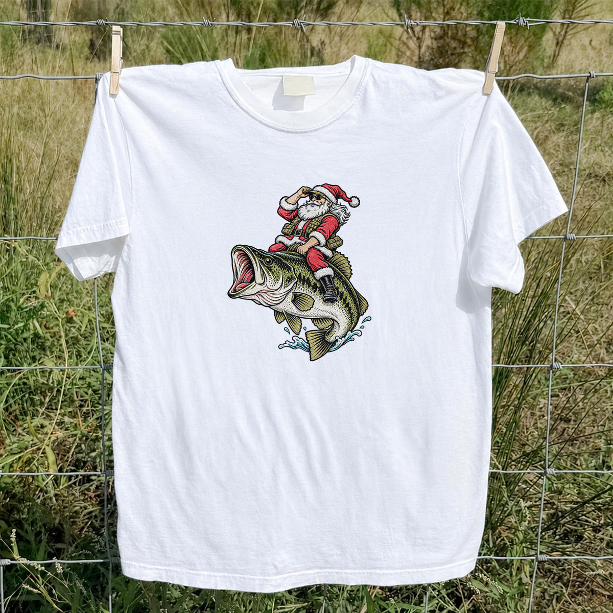 Santa Riding Largemouth Bass Christmas Fishing Graphic T-Shirt