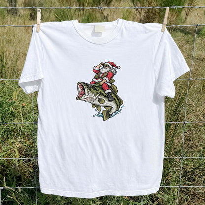 Santa Riding Largemouth Bass Christmas Fishing Graphic T-Shirt