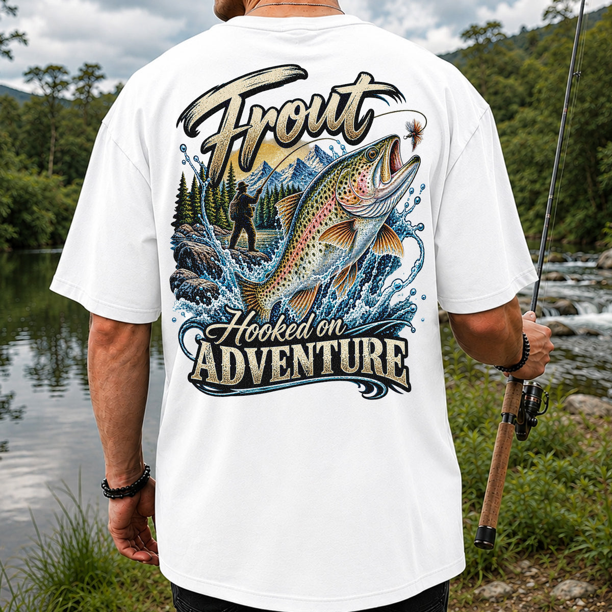 Trout Hooked on Adventure Mountain Fly Fishing T-Shirt | Back Print