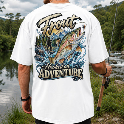 Trout Hooked on Adventure Mountain Fly Fishing T-Shirt | Back Print