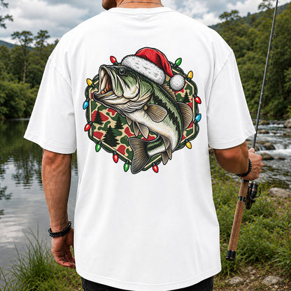 Santa Hat Largemouth Bass Christmas Fishing Graphic T-Shirt | Back Print