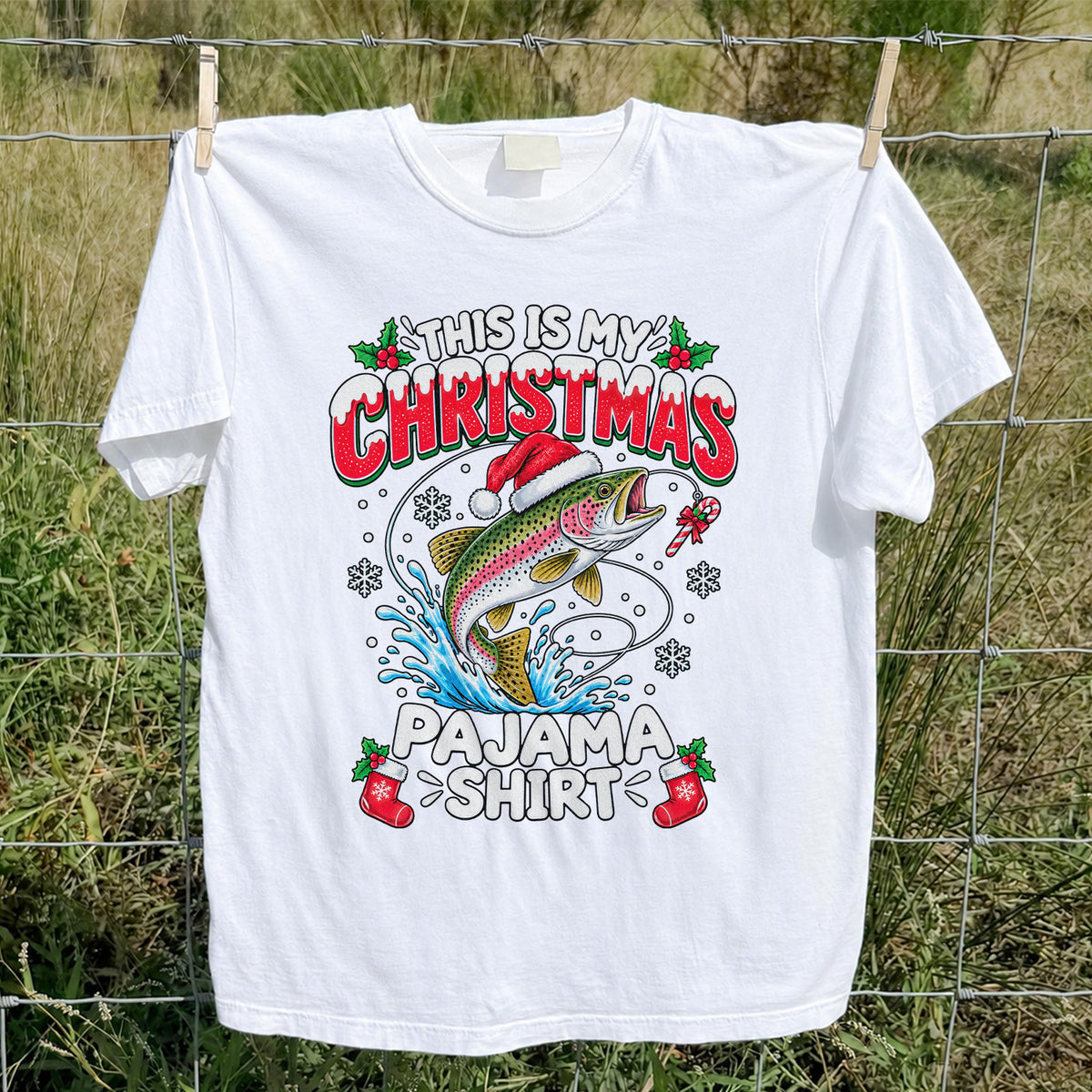 This Is My Christmas Pajama Shirt Rainbow Trout Fishing T-Shirt