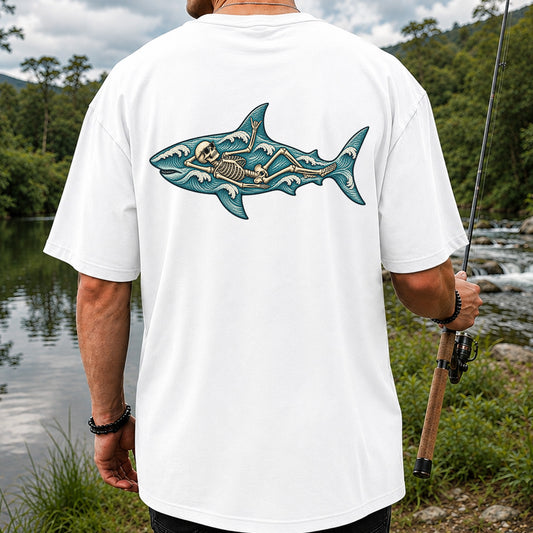 Skeleton Lounging Inside Ocean Wave Shark Graphic T-Shirt | Back Print